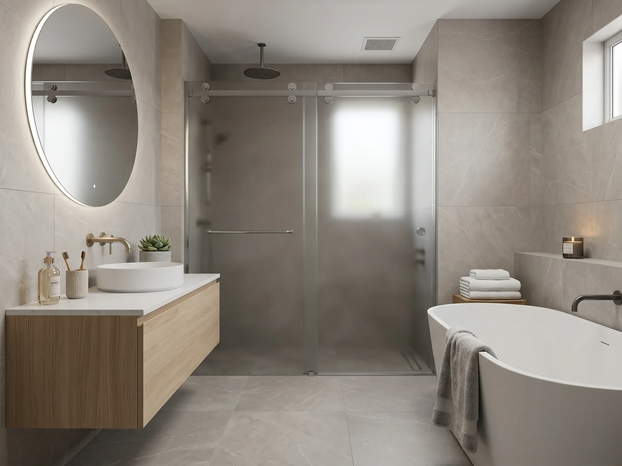 Frosted sliding shower door glass softening the view for privacy in a shared bathroom
