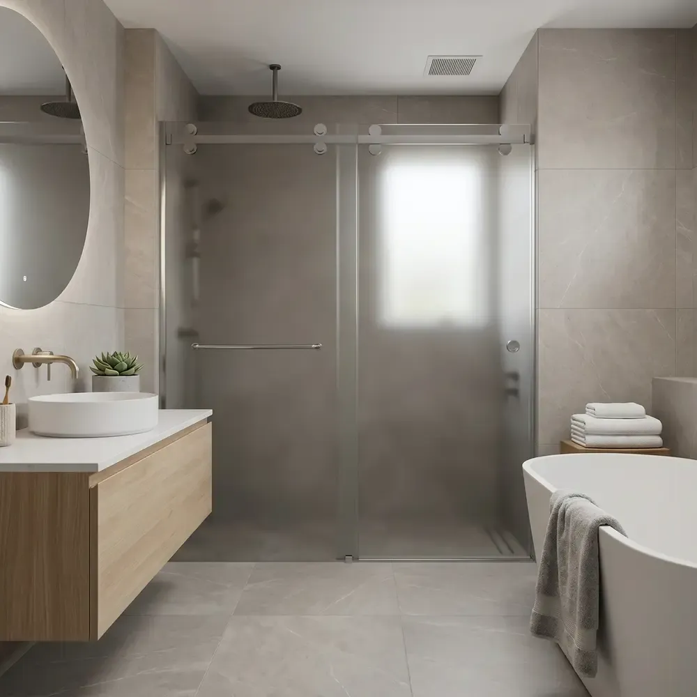 Frosted sliding shower door glass option from Dulles Glass