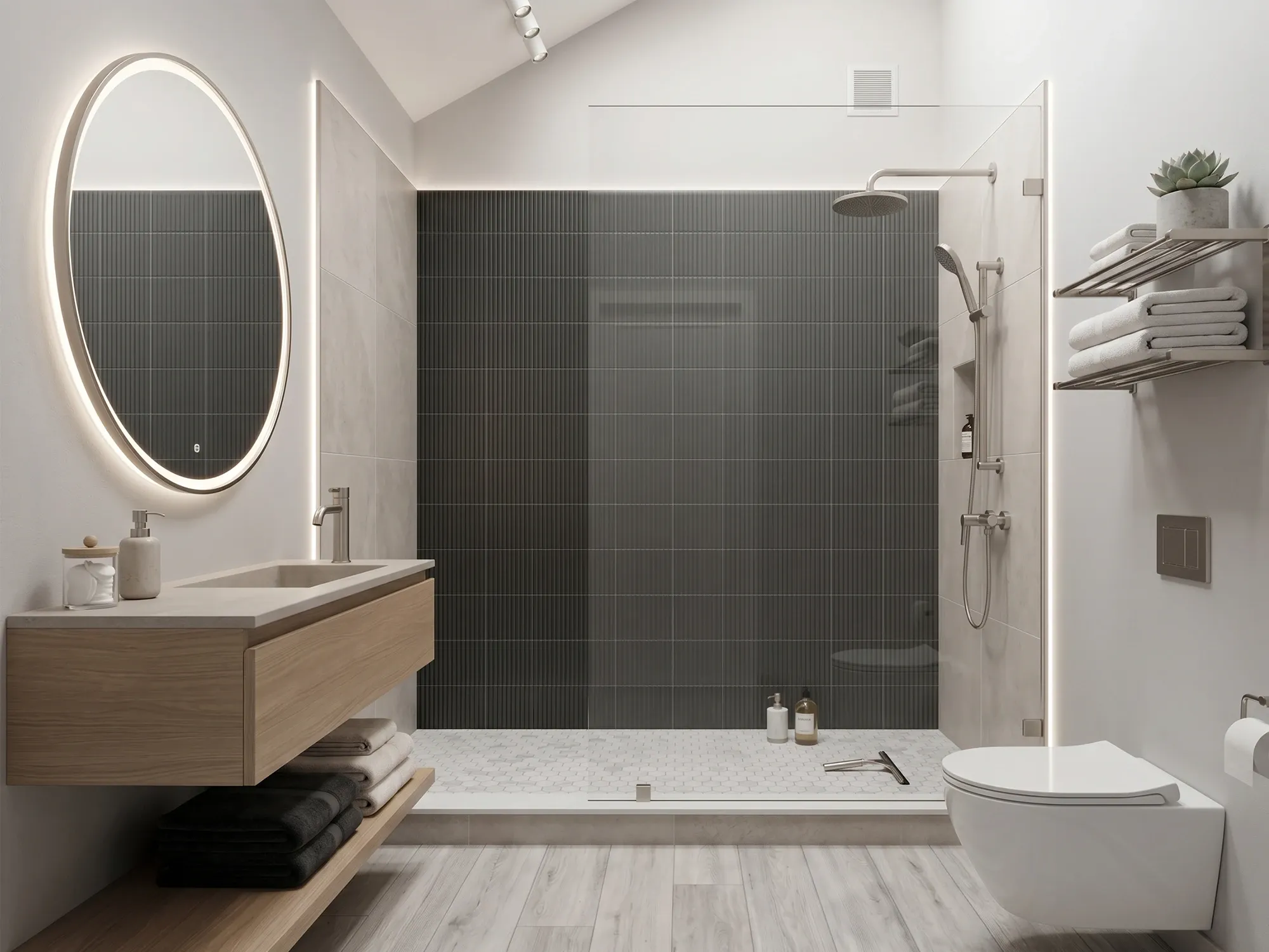 Fixed glass shower screen in a walk-in shower with the shower head angled away from the open side