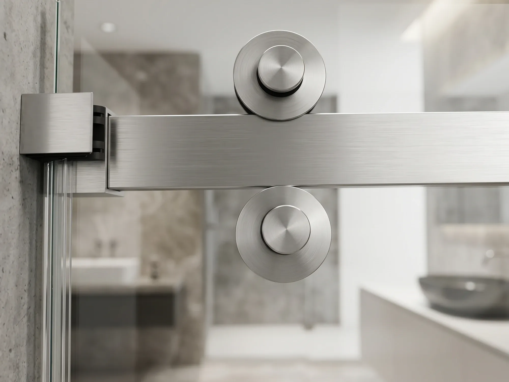 Roller wheel and adjustment screw on a frameless sliding shower door