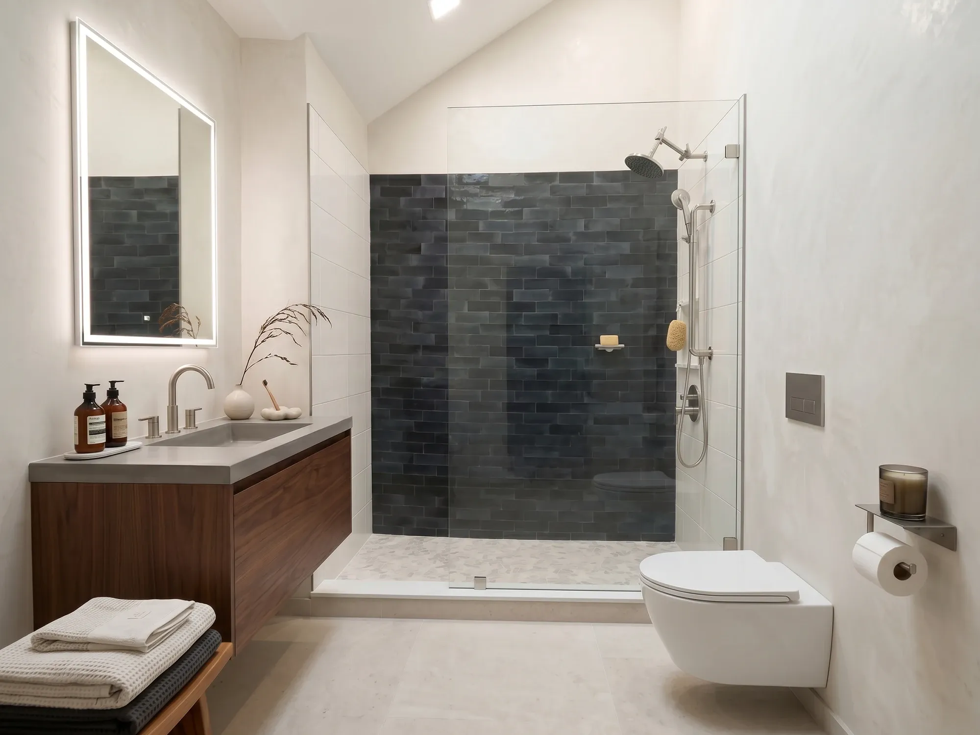 A frameless fixed shower screen secured with chrome wall clamps after installation