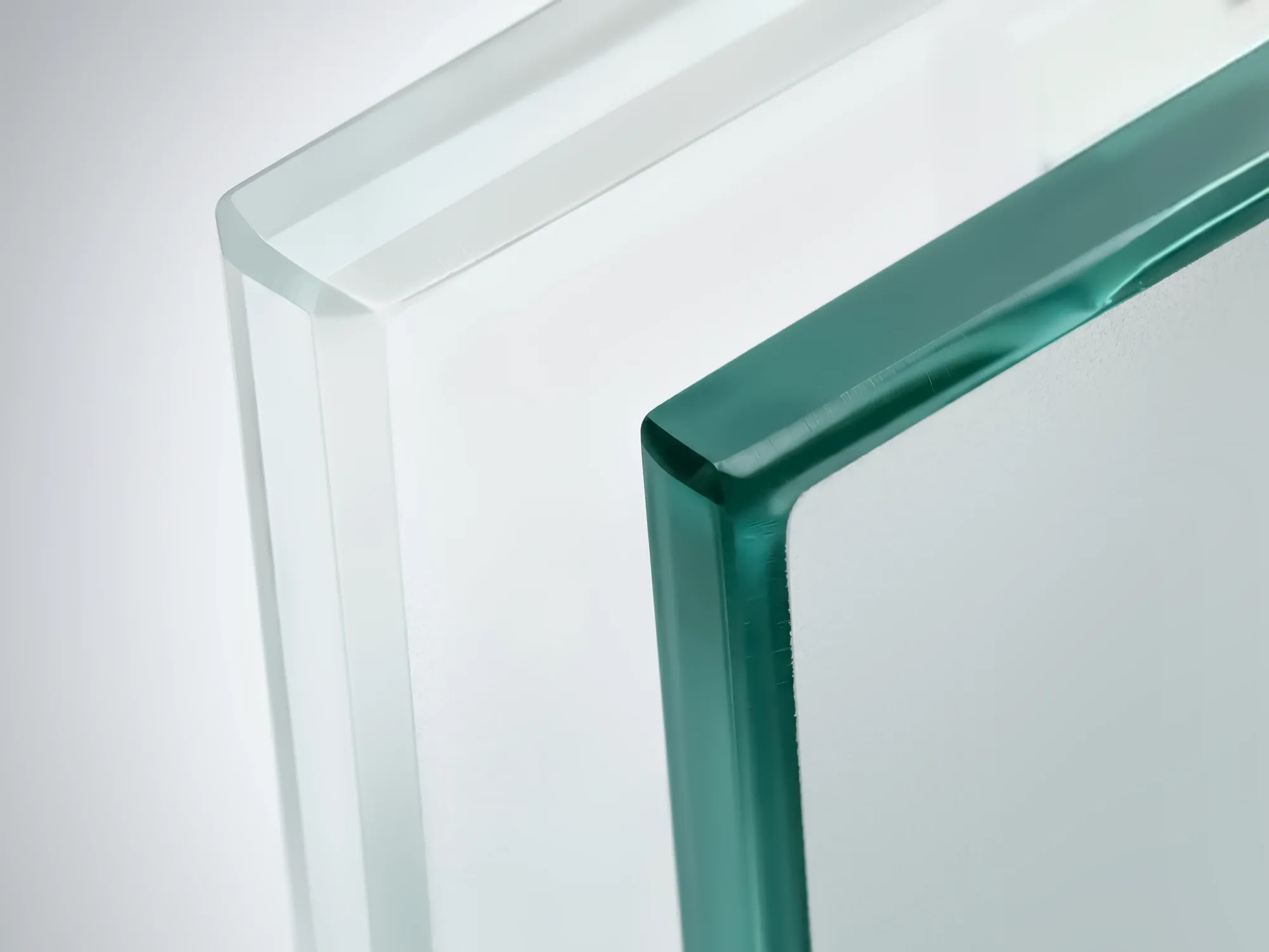 Low-iron glass edge with no green cast next to a standard clear glass edge