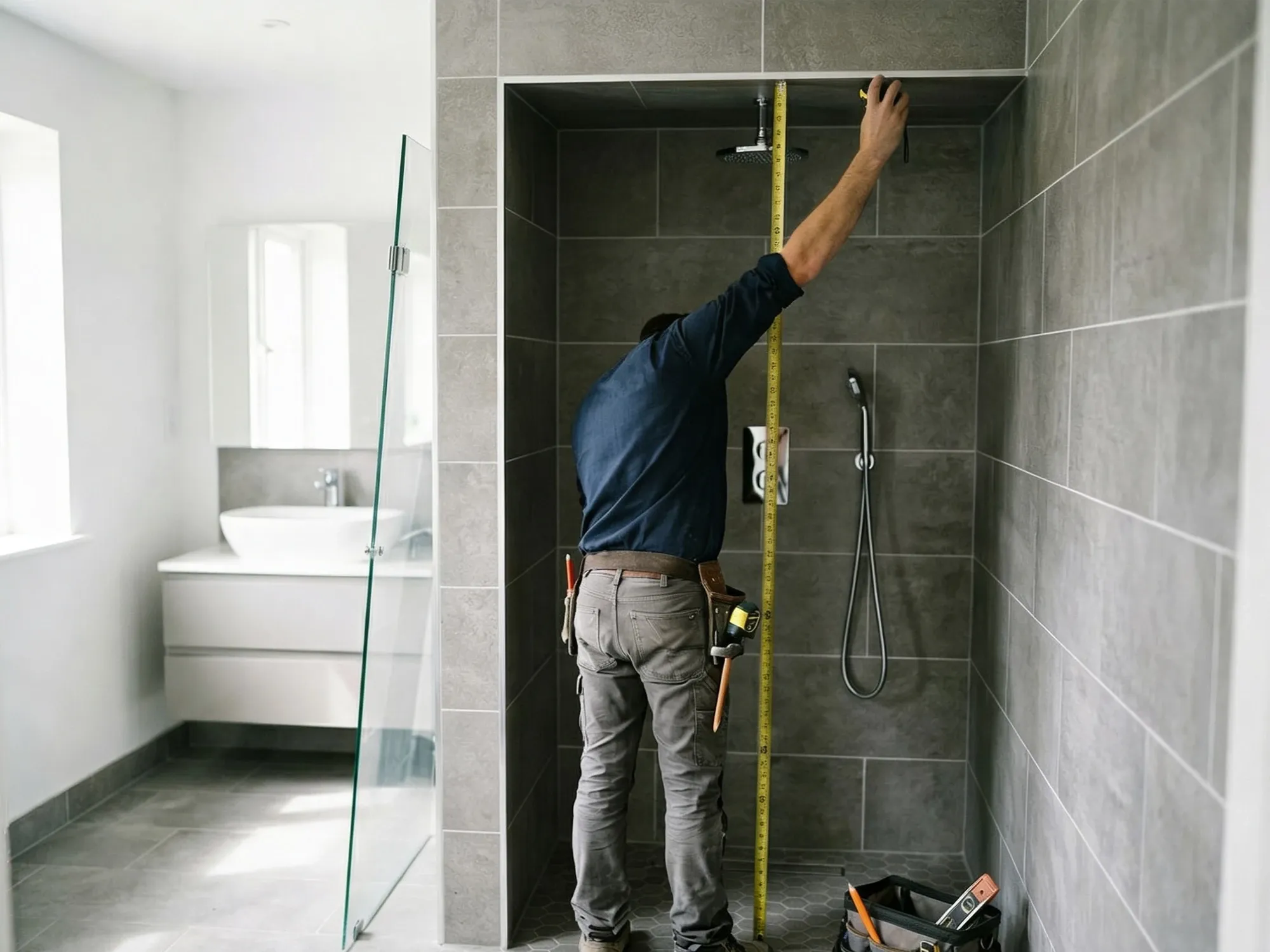 Measuring a shower opening height at two locations before ordering a sliding shower door