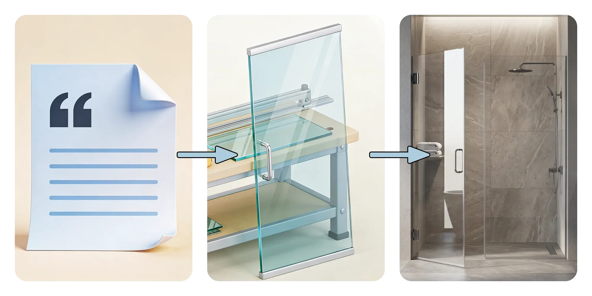 Timeline diagram of a custom shower door project from quote and measurement through fabrication to installation