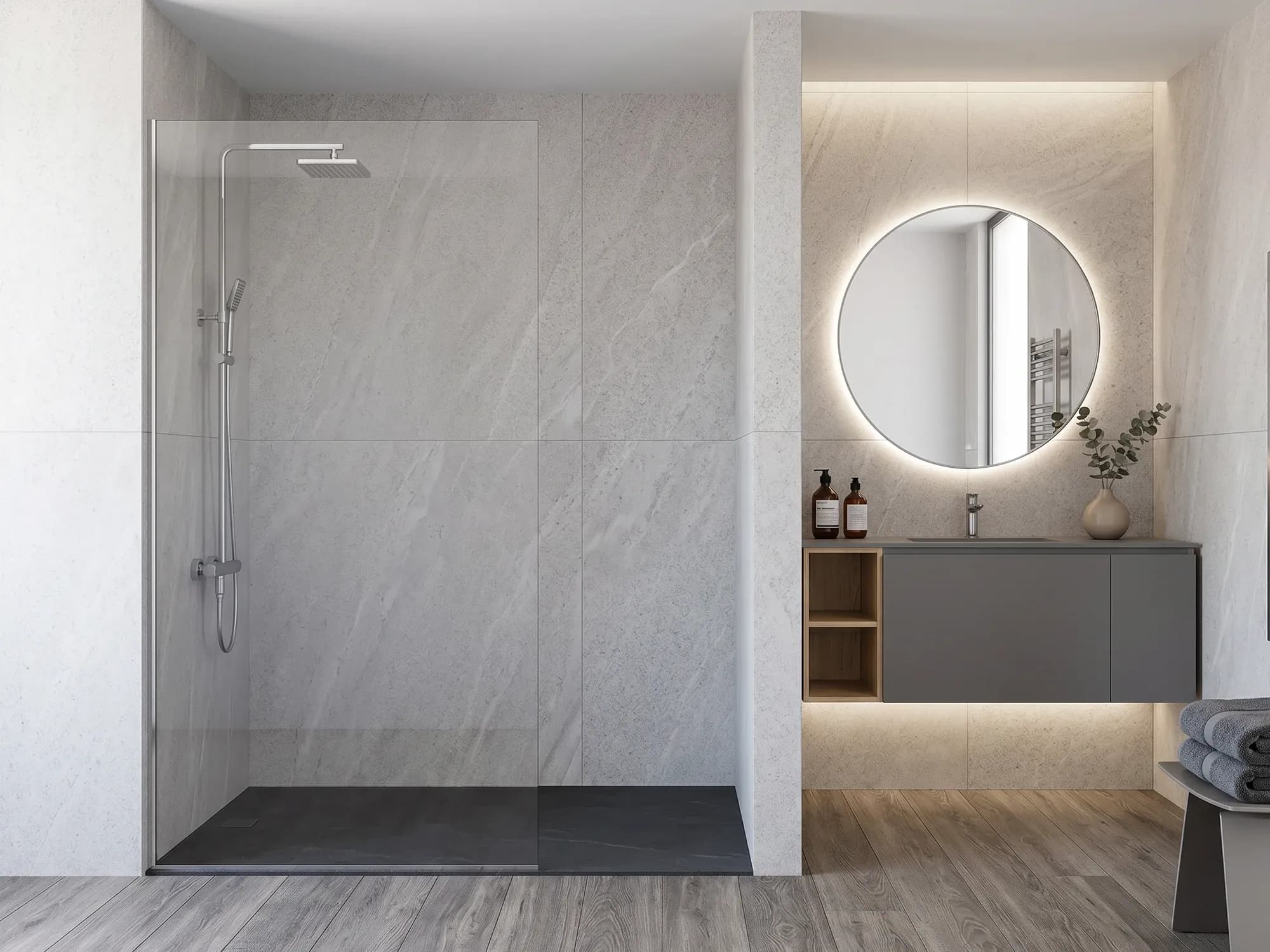 A custom fixed shower glass panel cut to the exact opening of a walk-in shower