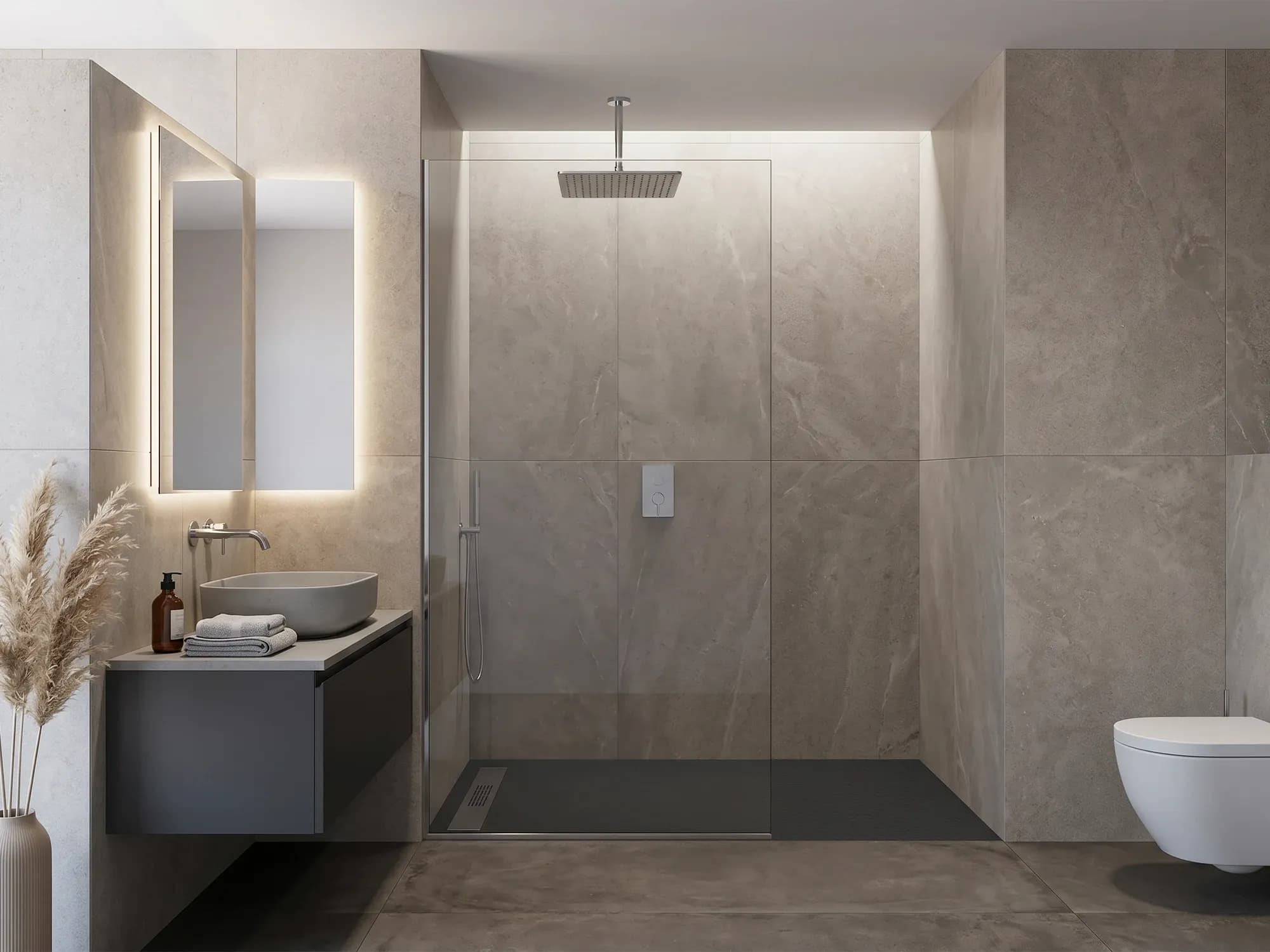 Diagram of shower head positions that reduce splash with a fixed shower screen