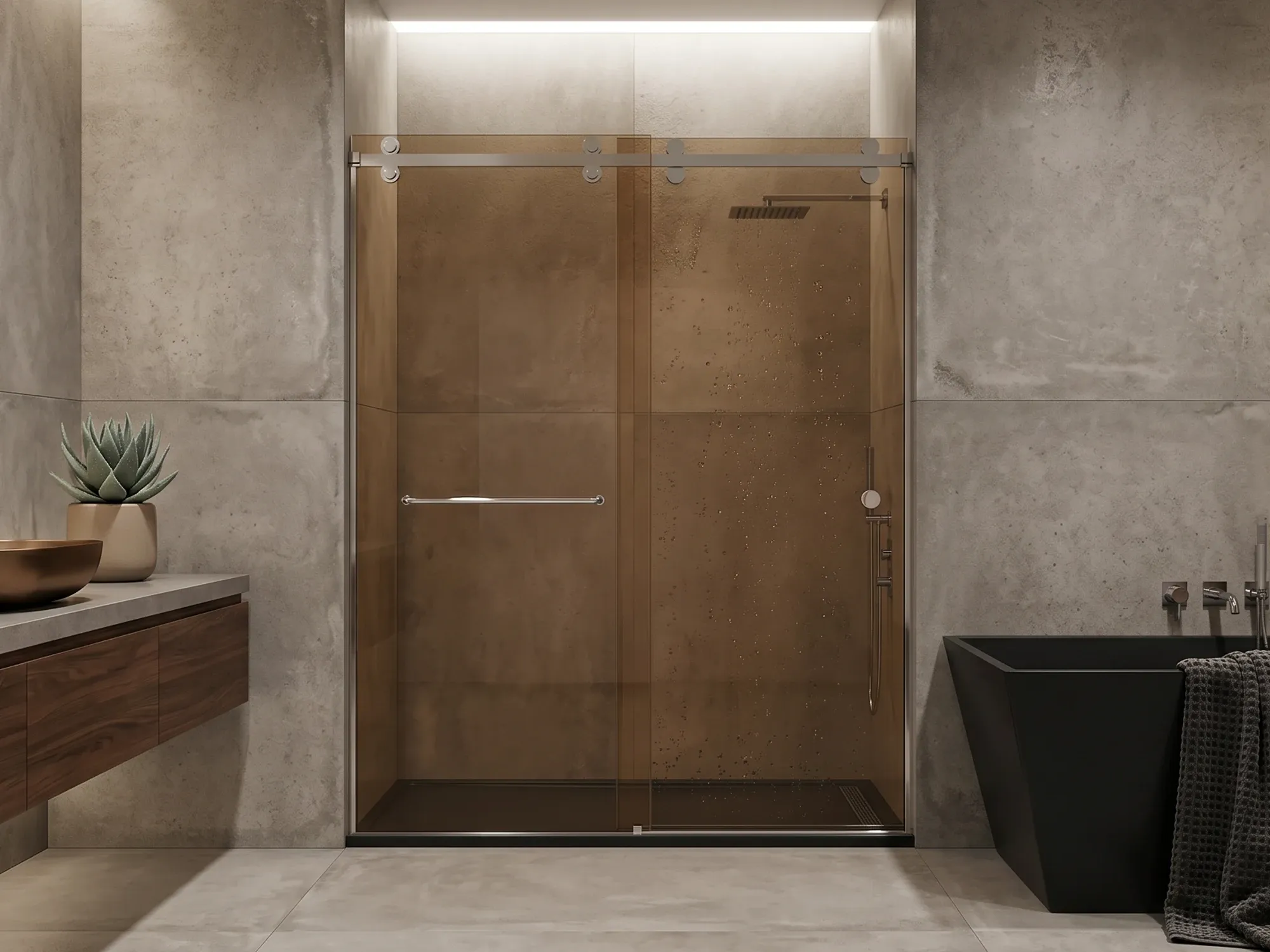 Bronze-tinted sliding shower door glass paired with warm fixtures and tile