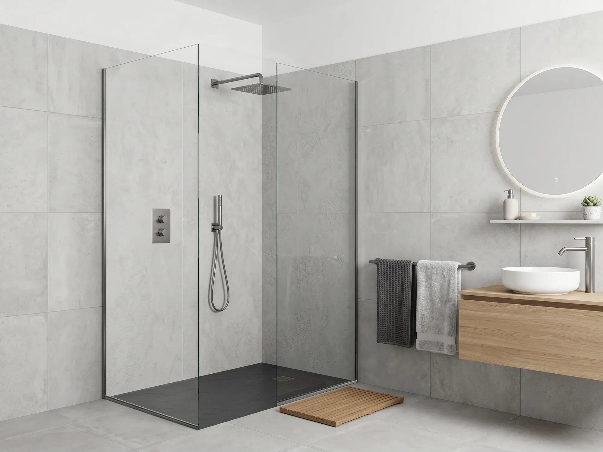 A fixed shower panel paired with a short 90-degree return panel on a wider opening