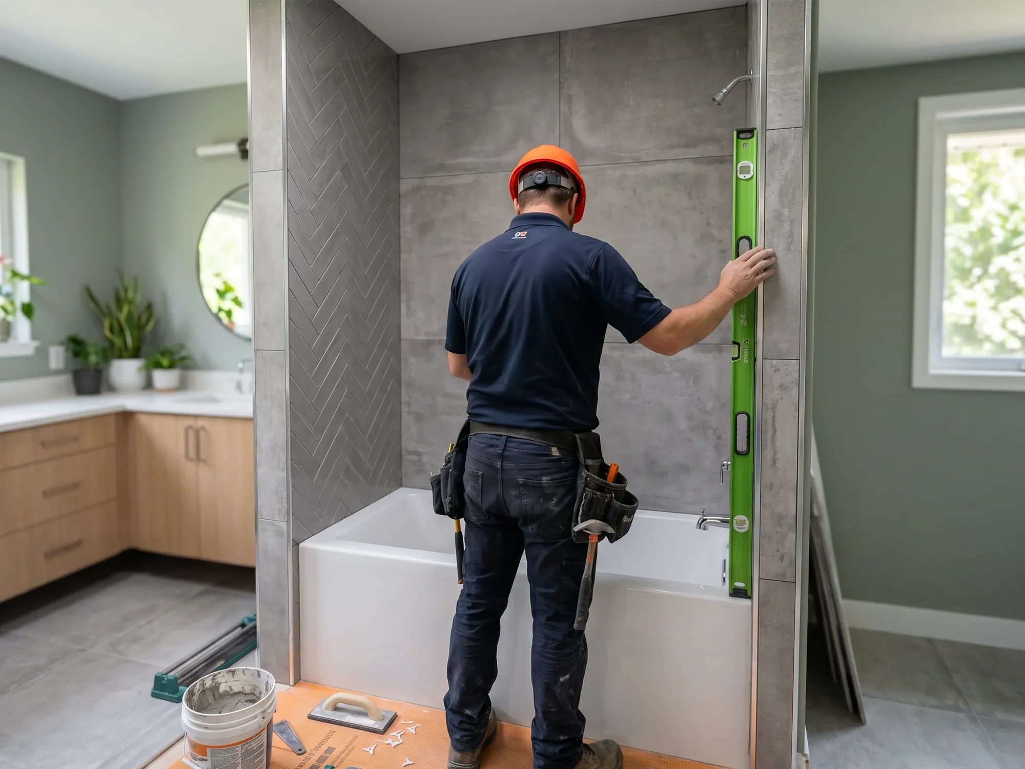 Checking the anchor wall for plumb with a 4-foot level before drilling