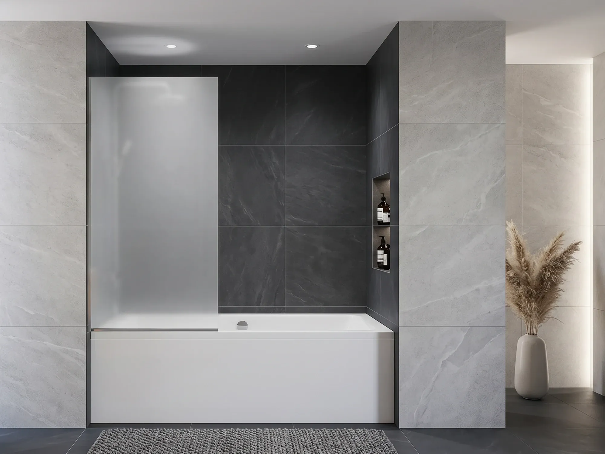 A frosted tempered bathtub screen that passes light but blocks the view for privacy
