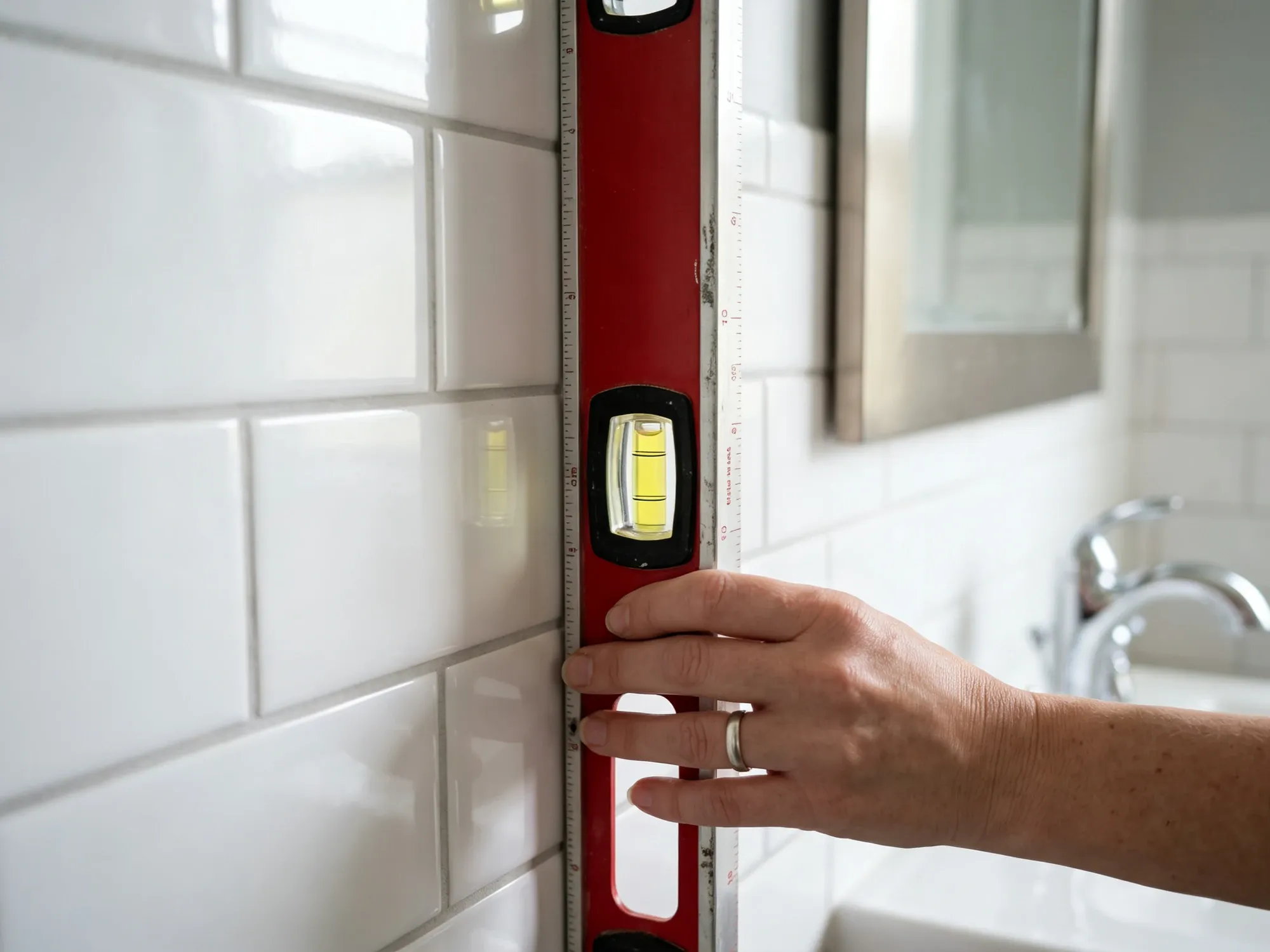 Checking shower side-wall plumb with a 4-foot level before ordering a sliding door