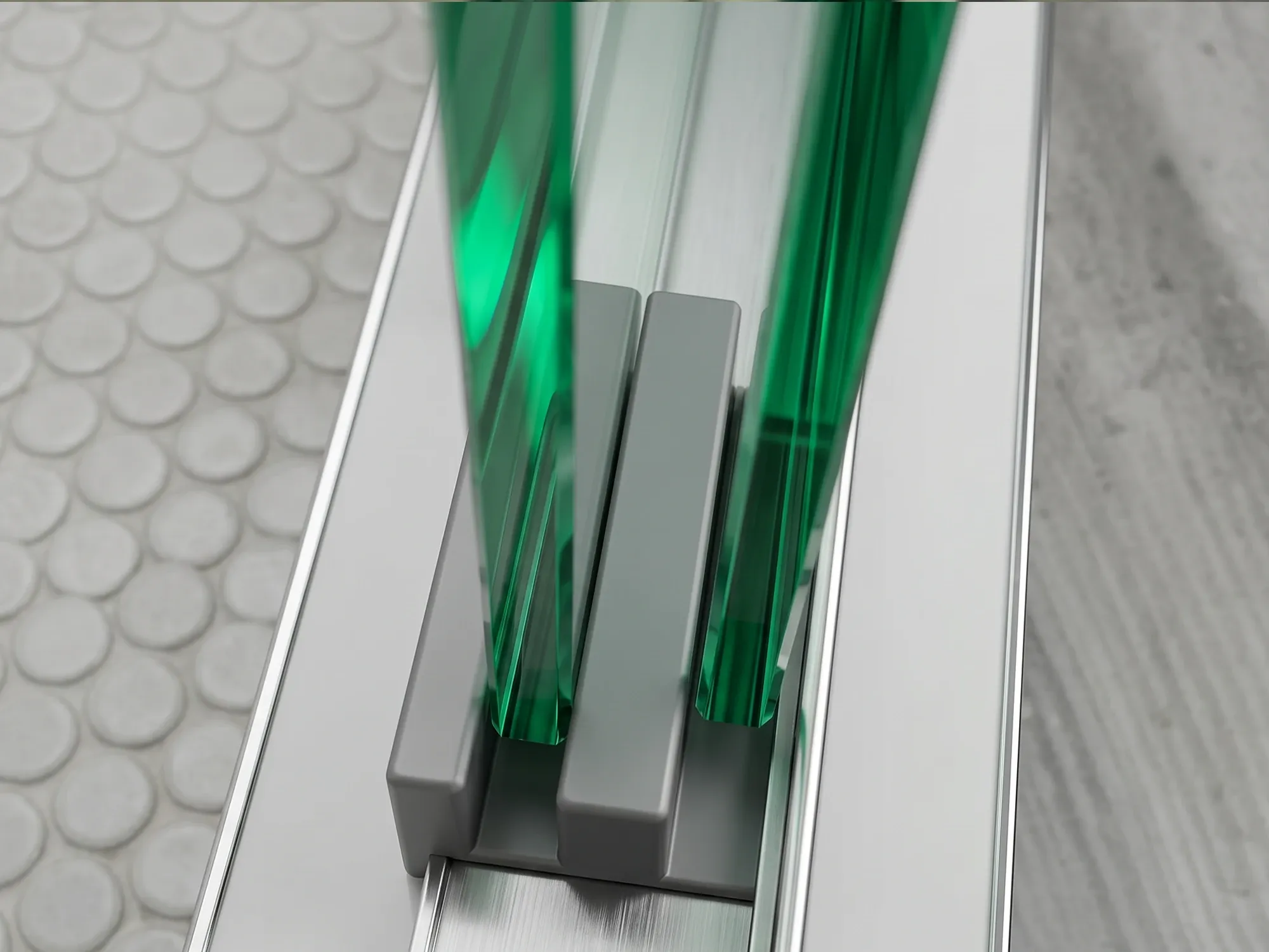 Bottom guide pin and channel at a sliding shower door threshold that keeps panels from swinging