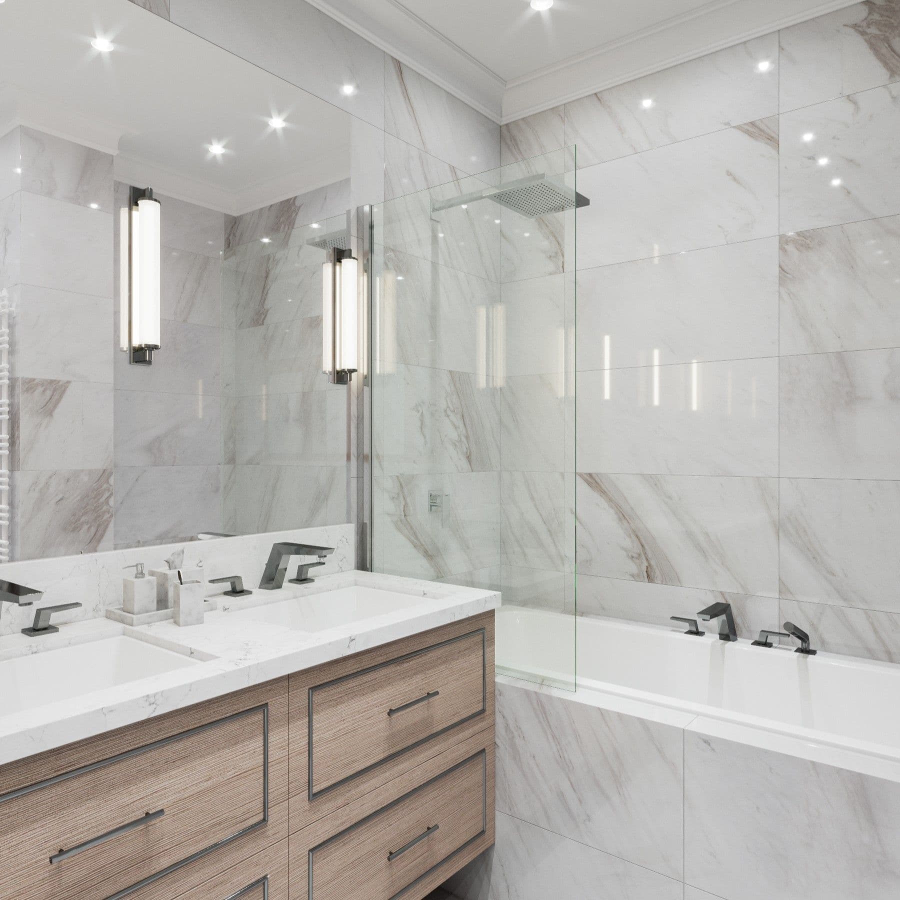 Contemporary bathroom with a frameless glass shower panel, sleek dual vanity, and white marble walls with integrated lighting for a sophisticated look.