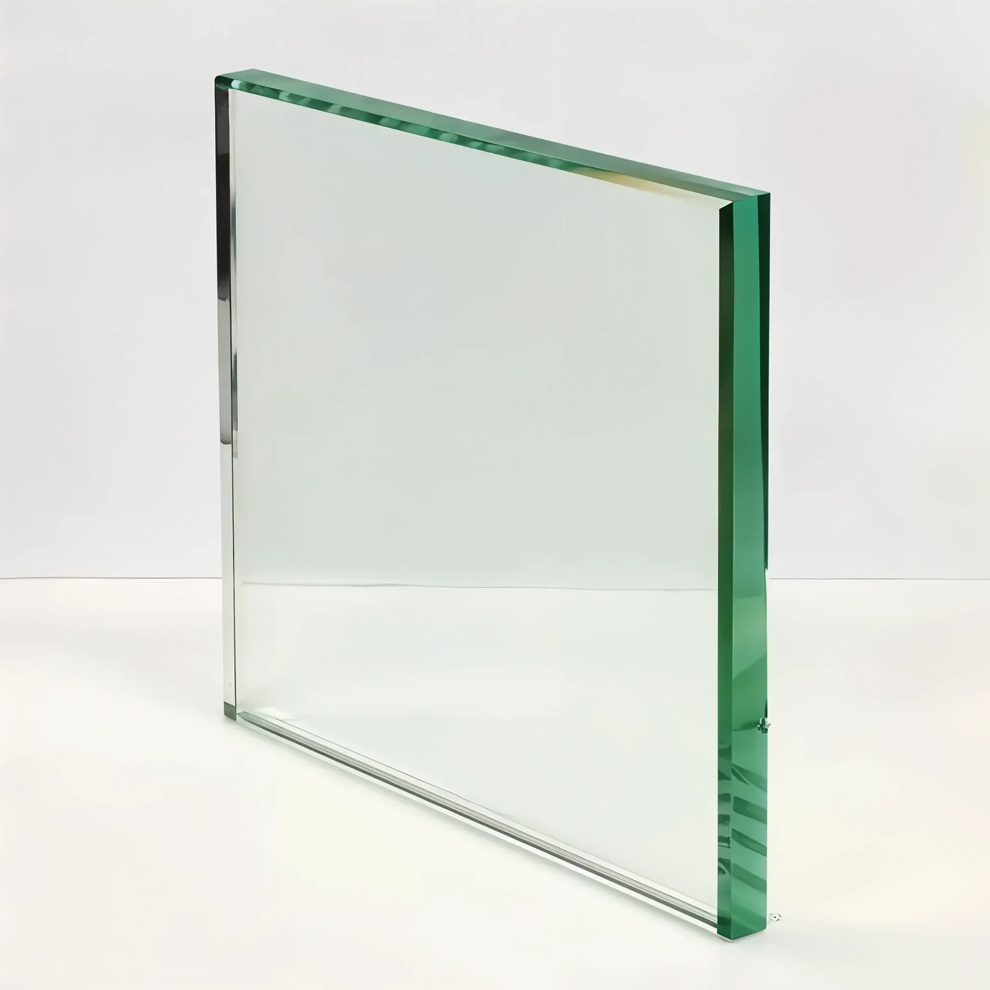 A sample of a standard clear glass panel, with its characteristic slight green tint visible along the polished edges.