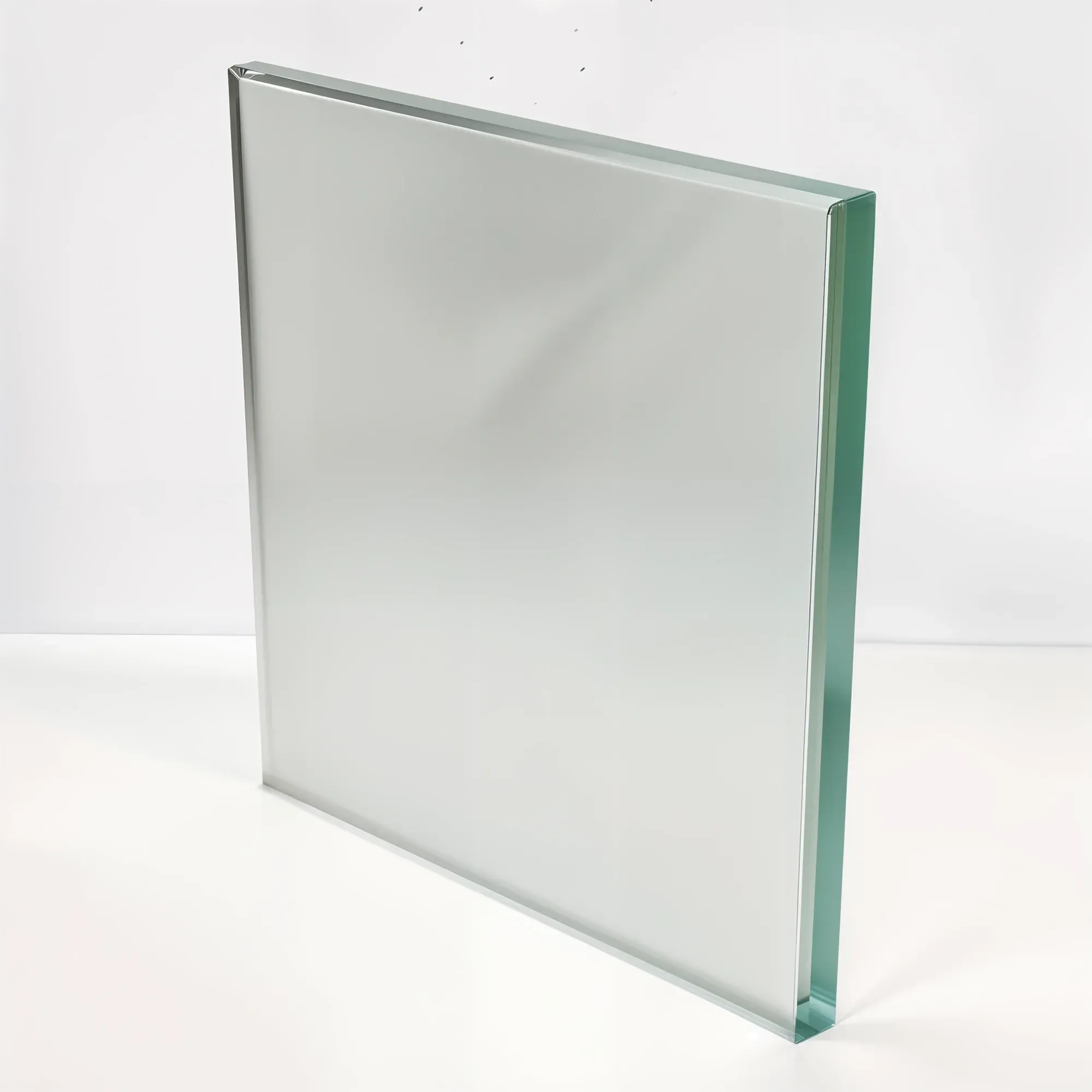 A sample of thick frosted glass, showcasing its translucent, satin-like finish that offers privacy while allowing light to pass through.