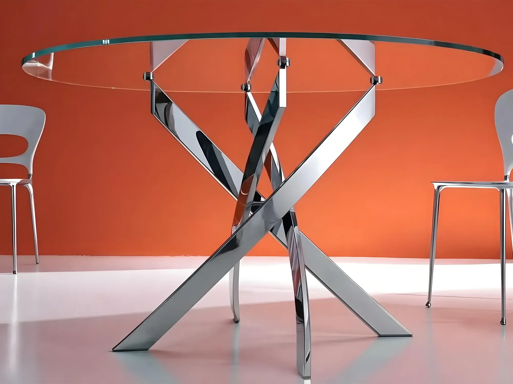 A modern dining table with a round, low-iron glass top for maximum clarity, set on a striking polished chrome pedestal base.