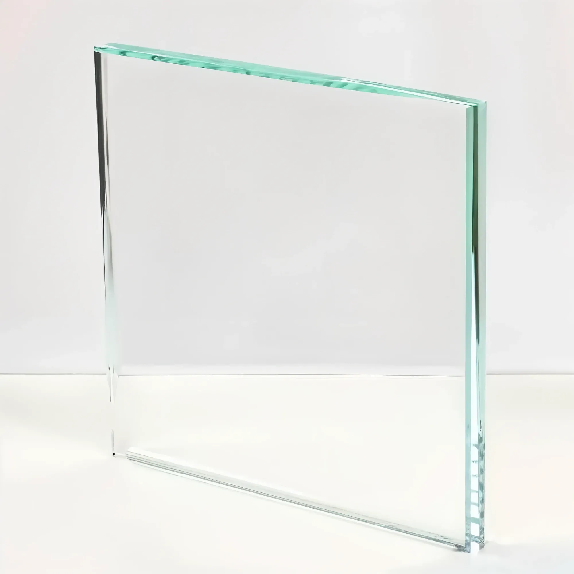 A sample of ultra-clear, low-iron glass, notable for its high transparency and lack of the green tint found in standard glass.
