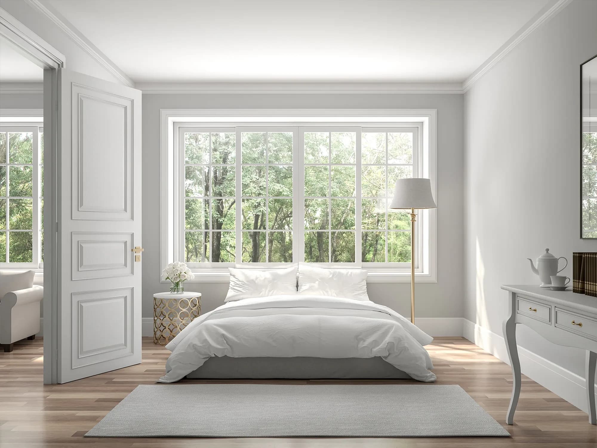 A bright and elegant bedroom with a large, clear acrylic window pane that floods the room with natural light.