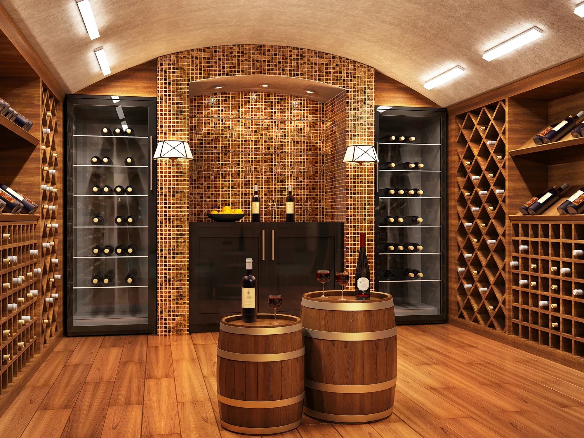A luxury wine cellar featuring wooden racks and modern, temperature-controlled cabinets with clear plexiglass doors.
