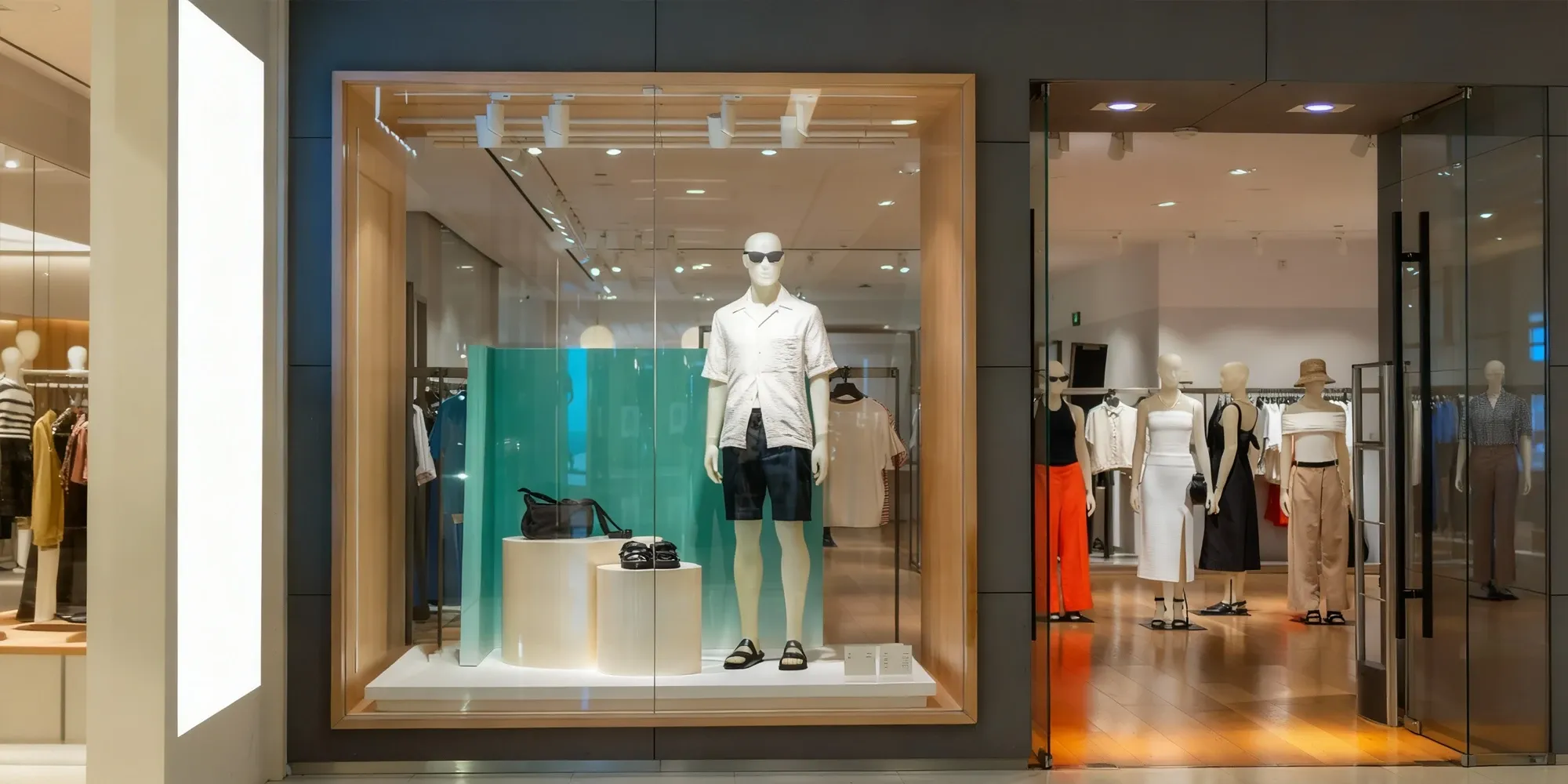 The storefront of a modern clothing boutique, with a mannequin and products displayed behind a large, clear plexiglass window.