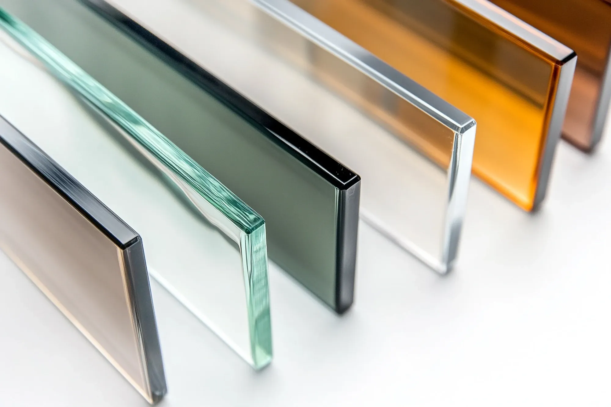 A close-up of various thick, polished glass panel samples in different tints like bronze, grey, and green for saunas.