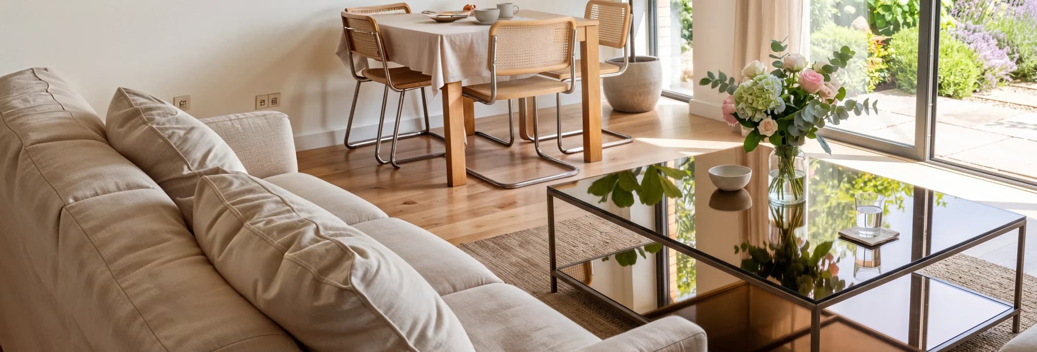 An open-plan living and dining area featuring a light beige sofa