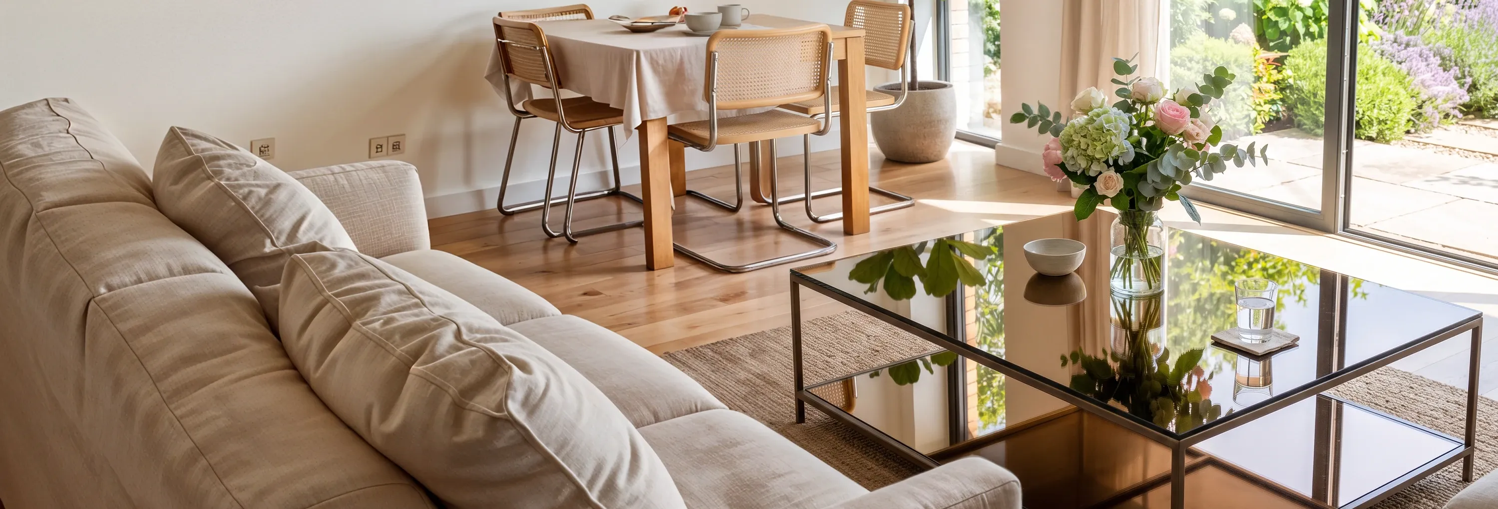 An open-plan living and dining area featuring a light beige sofa, a reflective glass coffee table with fresh flowers, and a wooden dining set on light oak flooring.