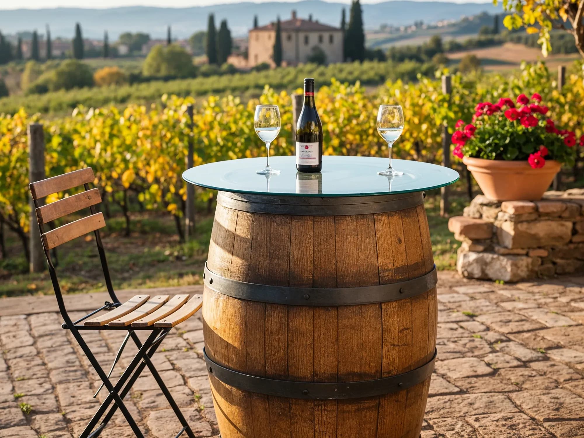A rustic wine barrel table with a round glass top, set for a wine tasting with two glasses and a bottle in a sunny vineyard.