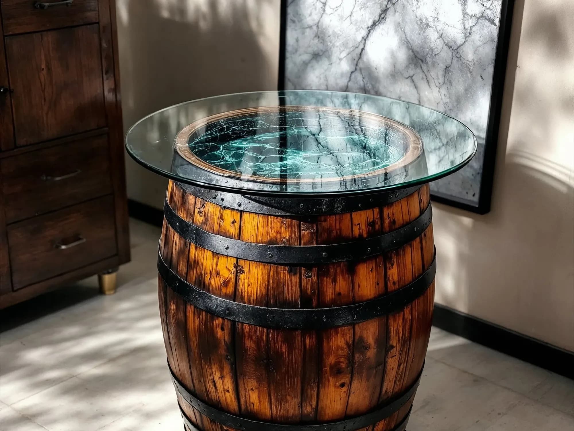 A repurposed wine barrel table with a round glass top and a decorative resin-filled center, shown in a sunlit, rustic-style room.