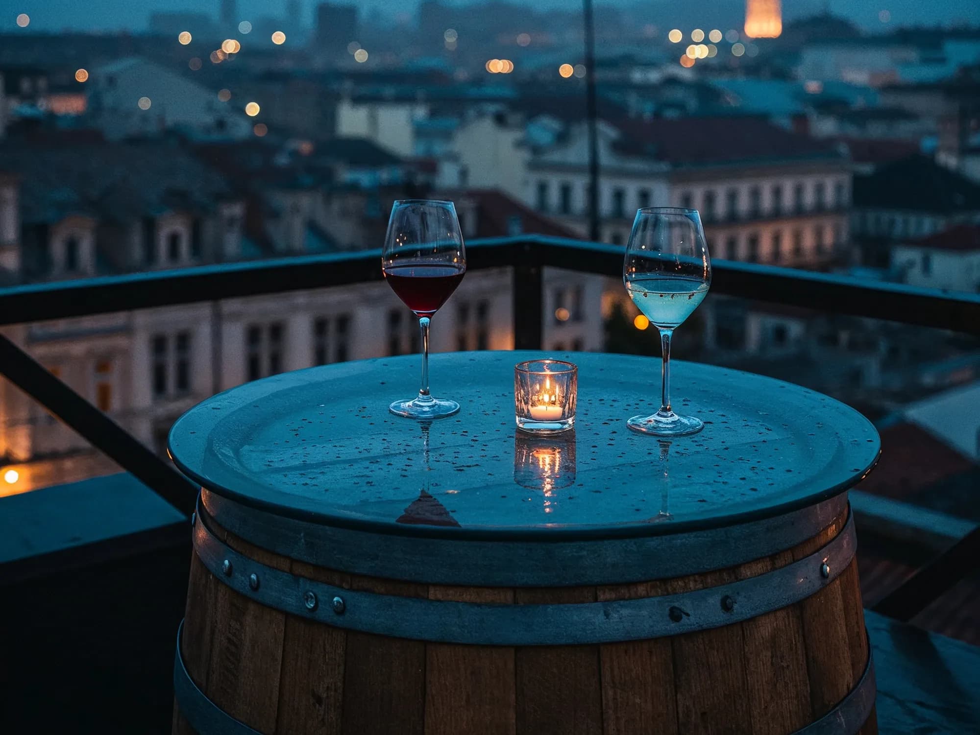 A romantic rooftop setting at dusk, with two glasses of wine and a candle on a glass-topped wine barrel table overlooking city lights.