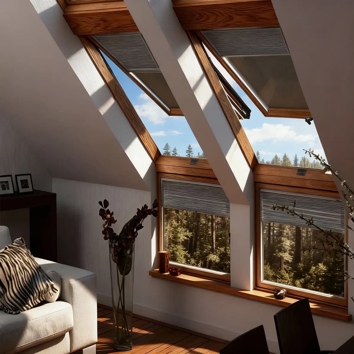 A sunlit attic room with a white sofa and large wooden skylights and windows that open to a forest view.