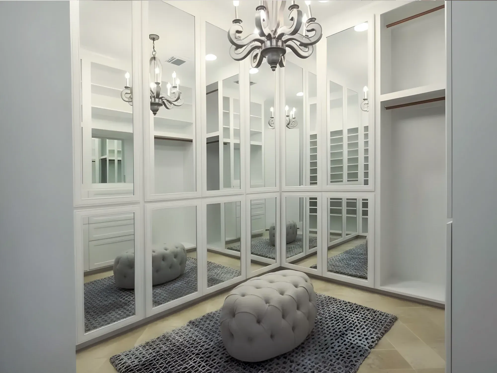A luxury walk-in closet with white-framed, custom-cut mirror doors, a tufted ottoman, and an elegant chandelier.