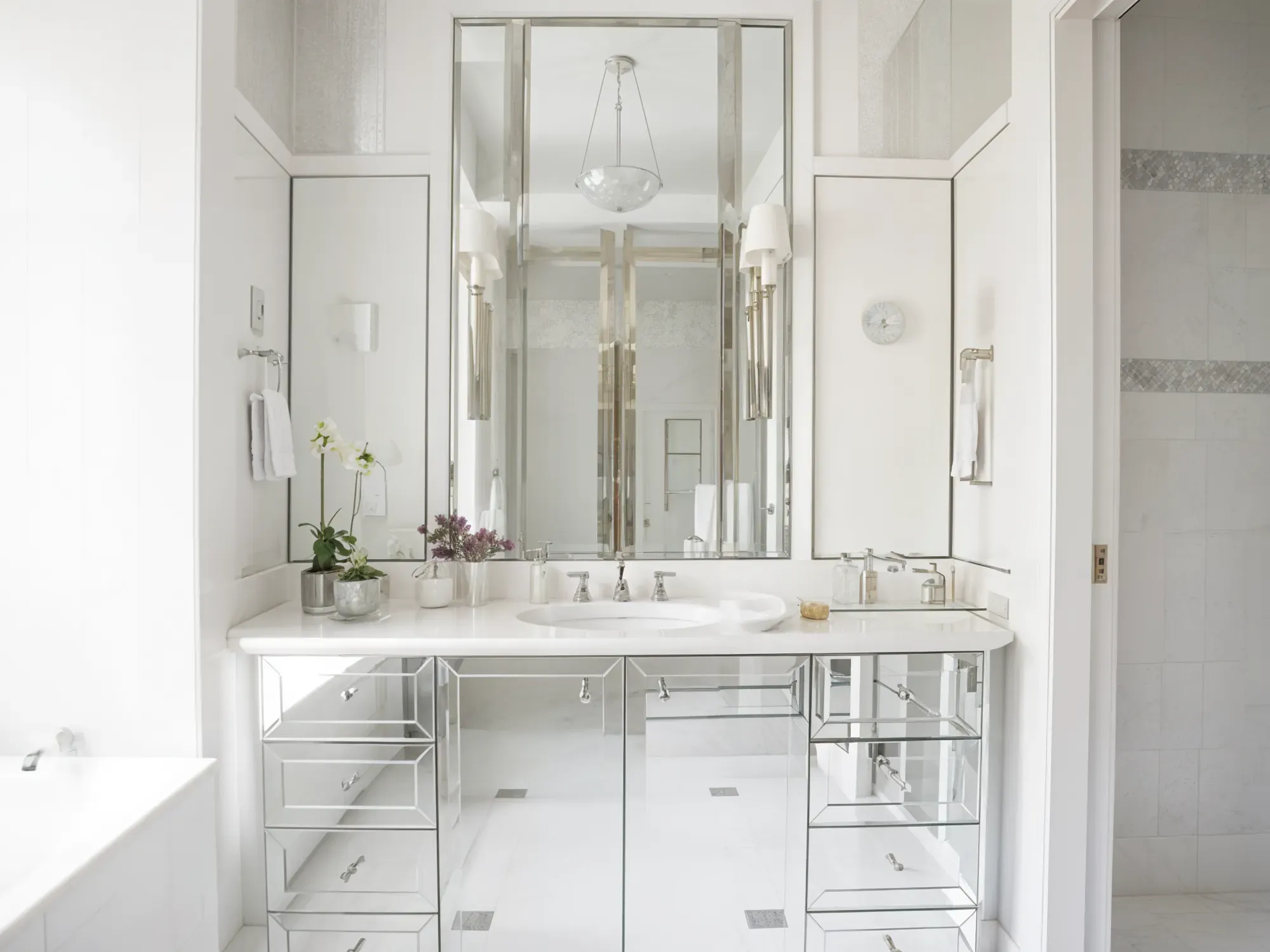 A glamorous white bathroom with a fully mirrored vanity cabinet and a matching custom-framed, three-panel mirror.