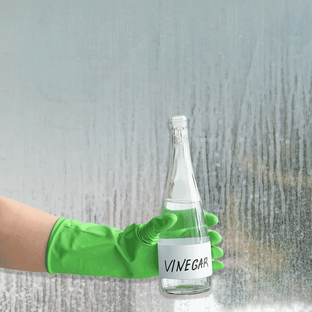 Hand wearing green glove holding a bottle of vinegar in front of a wet glass surface, illustrating cleaning techniques for maintaining shower doors, mirrors, and other custom glass features.