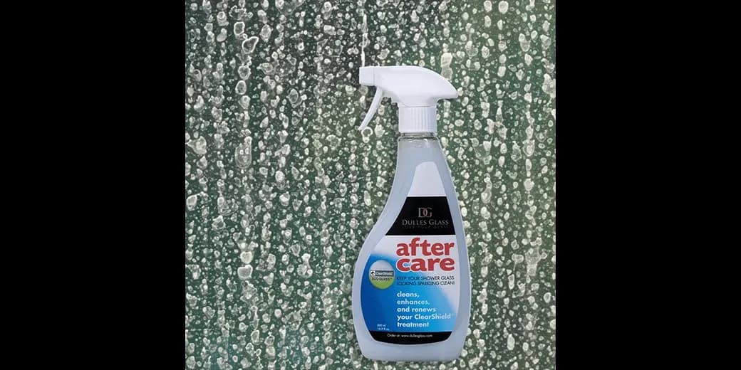 Cleaning spray for shower glass, designed to maintain custom glass surfaces, enhances clarity for tempered and beveled glass edges.