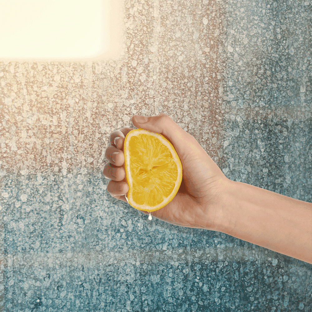 Hand holding a lemon in front of a foggy glass shower door, illustrating custom glass solutions like tempered glass and easy maintenance for shower doors and mirrors.