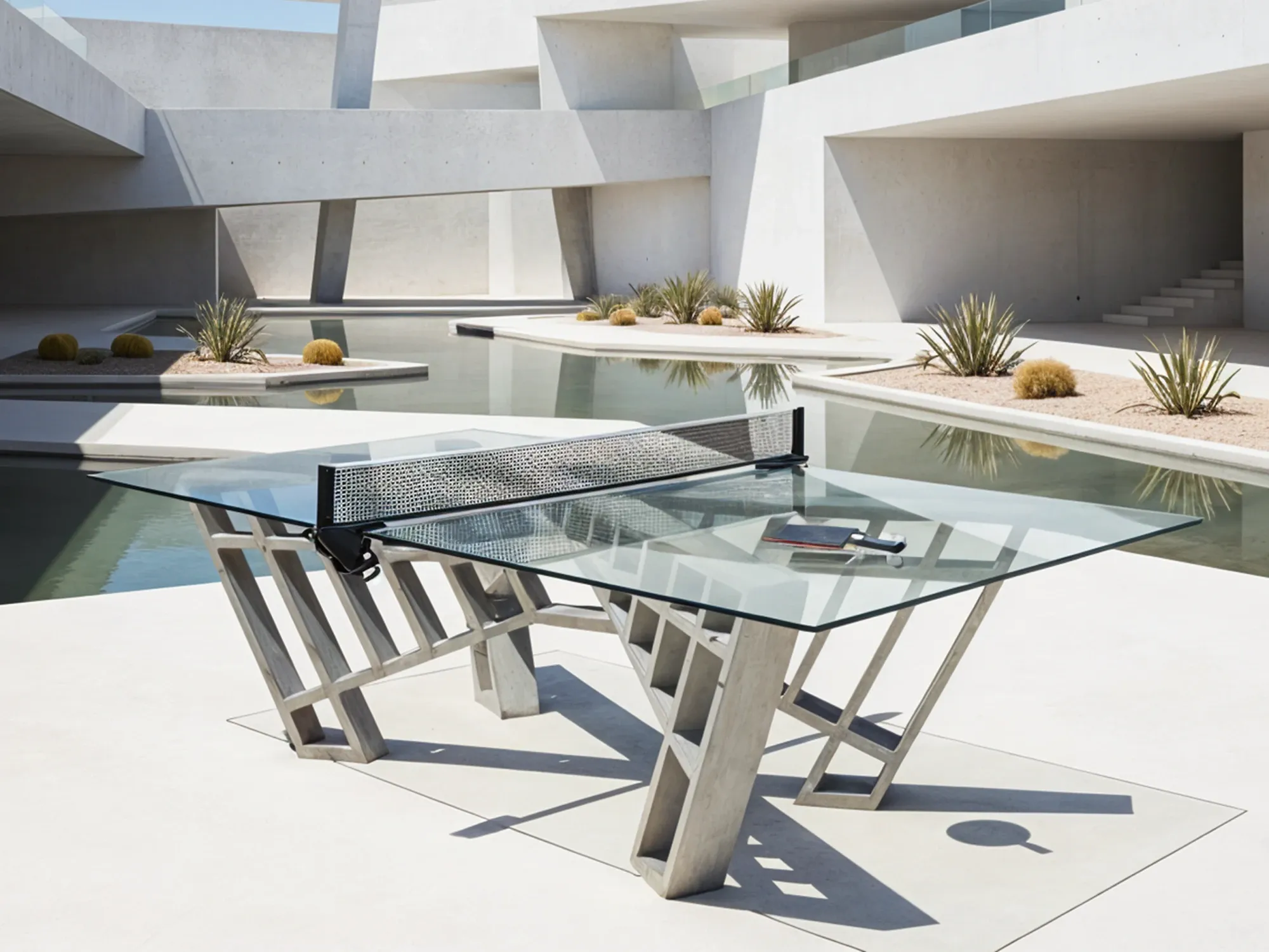 A luxury outdoor ping pong table with a thick glass top and a modern, angular concrete base, set by a pool in a minimalist courtyard.