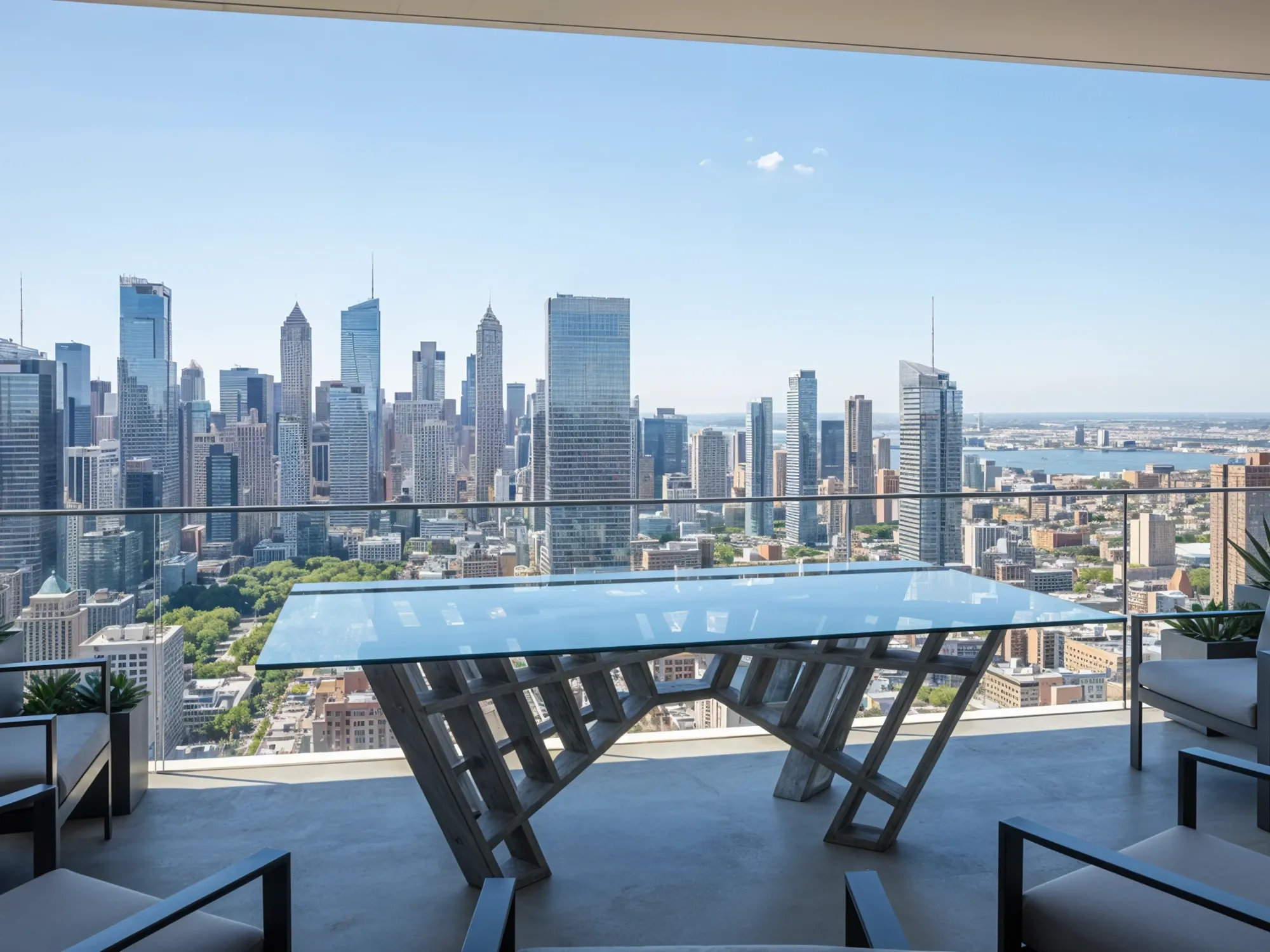 A modern glass-top table with a geometric concrete base, placed on a high-rise balcony overlooking a stunning city skyline.