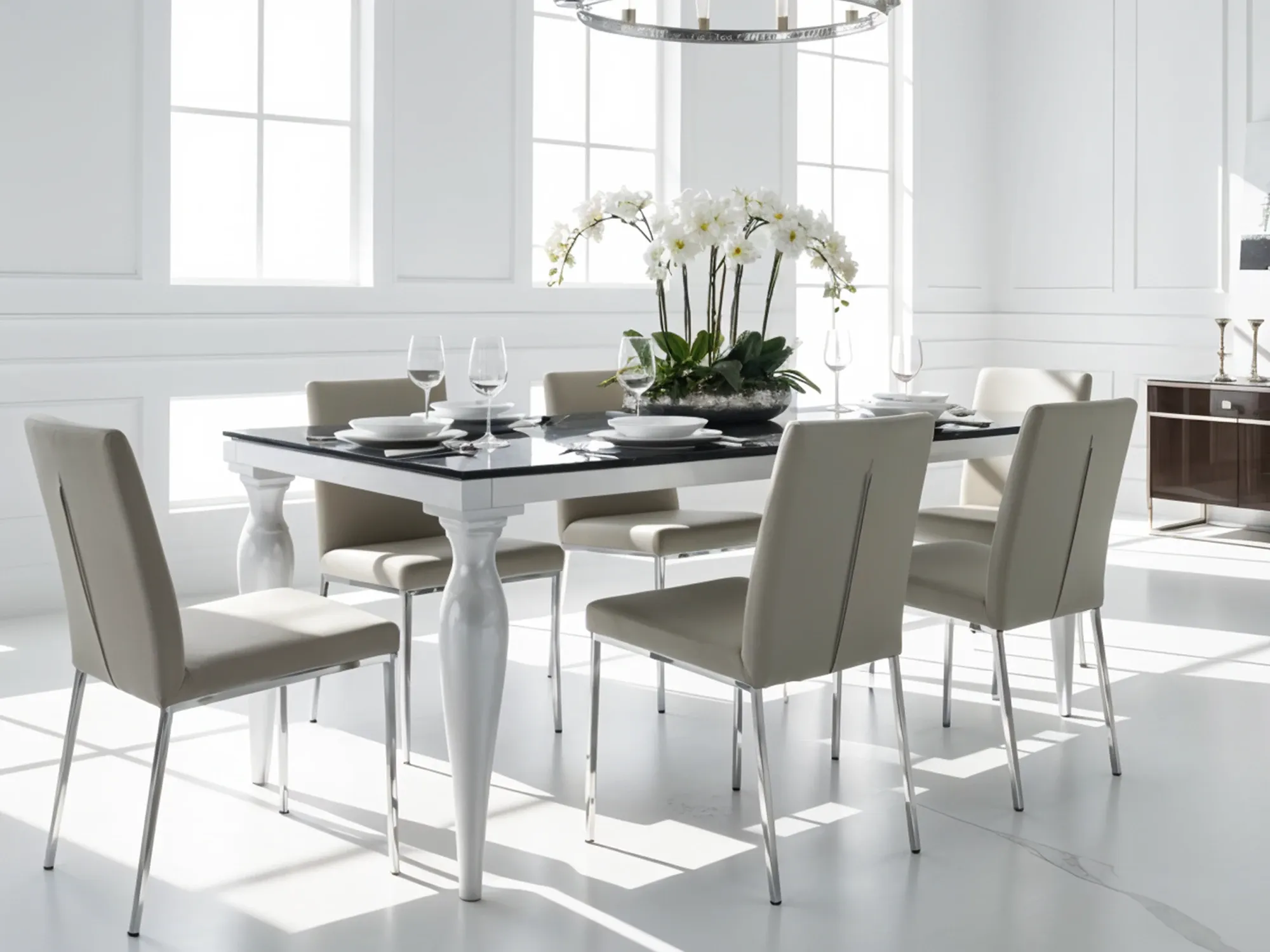An elegant, bright white dining room featuring a table with ornate white legs and a contrasting dark tinted glass top.