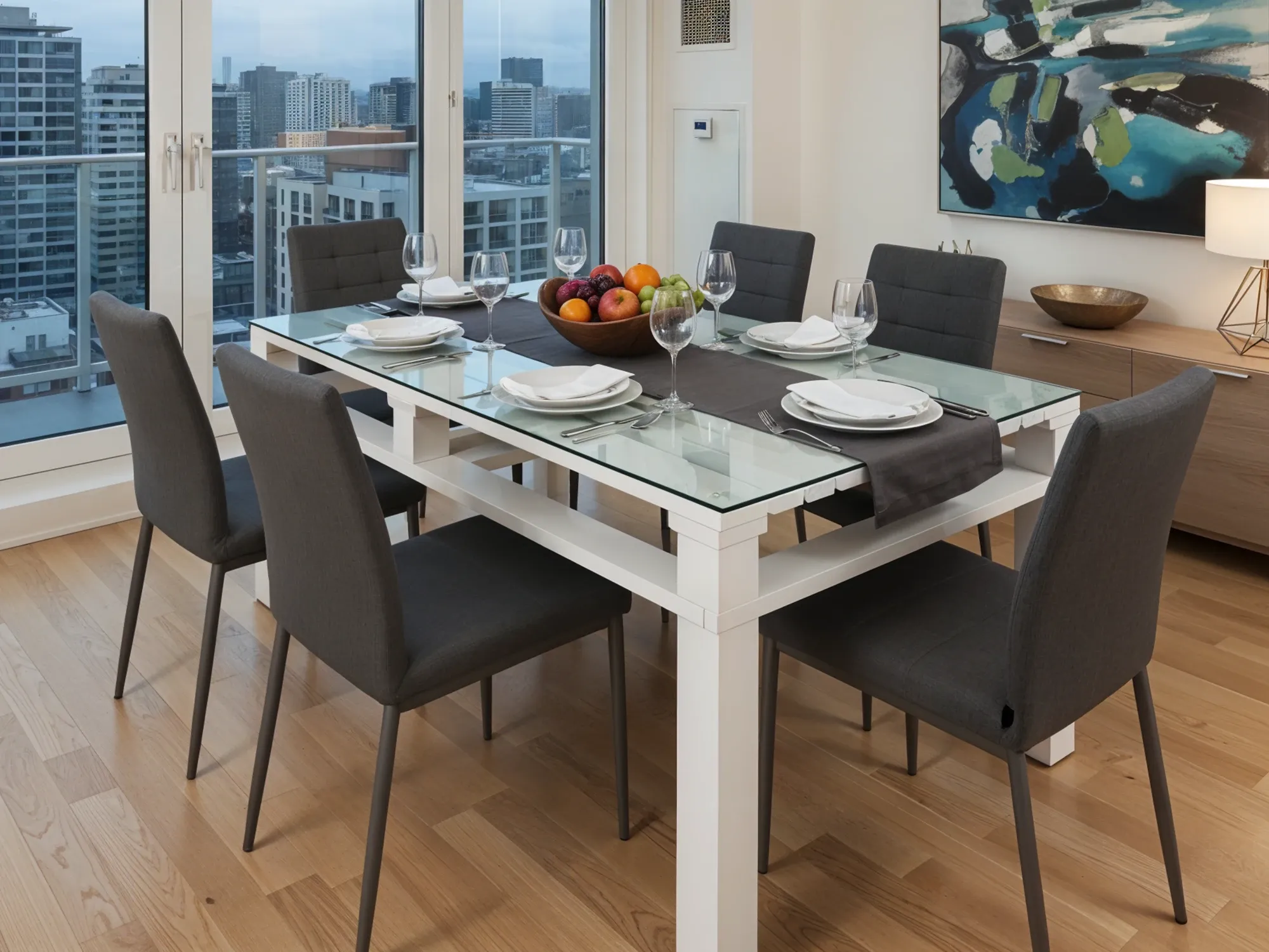 A modern dining room in a high-rise apartment, featuring a white table with an inset frosted glass top and six grey chairs.