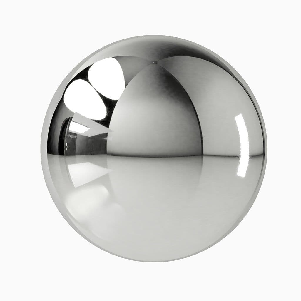 Reflective chrome sphere on a polished surface, showcasing the shine and clarity relevant to custom glass products like shower doors, table tops, and beveled glass edges.