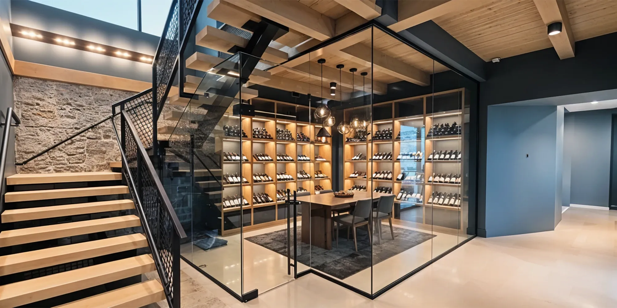 A stunning custom wine cellar built under a modern staircase, featuring floor-to-ceiling frameless glass walls that enclose a tasting table and backlit wine racks.