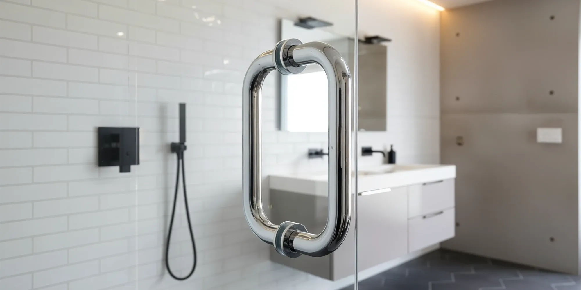 A close-up of a polished chrome back-to-back tubular handle on a frameless glass shower door in a modern bathroom.