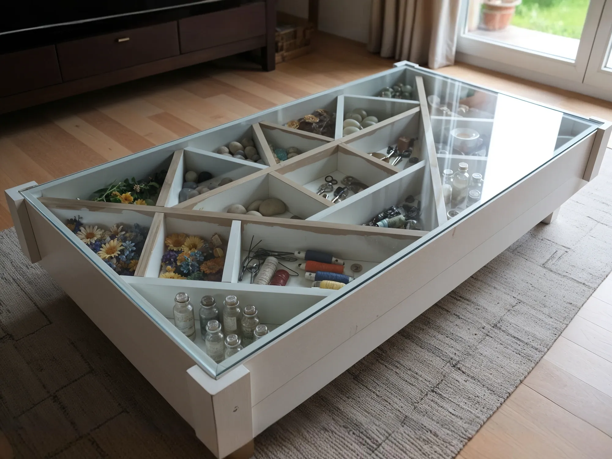 A white wooden coffee table with a glass top that functions as a display case, showing compartments filled with craft supplies and dried flowers.
