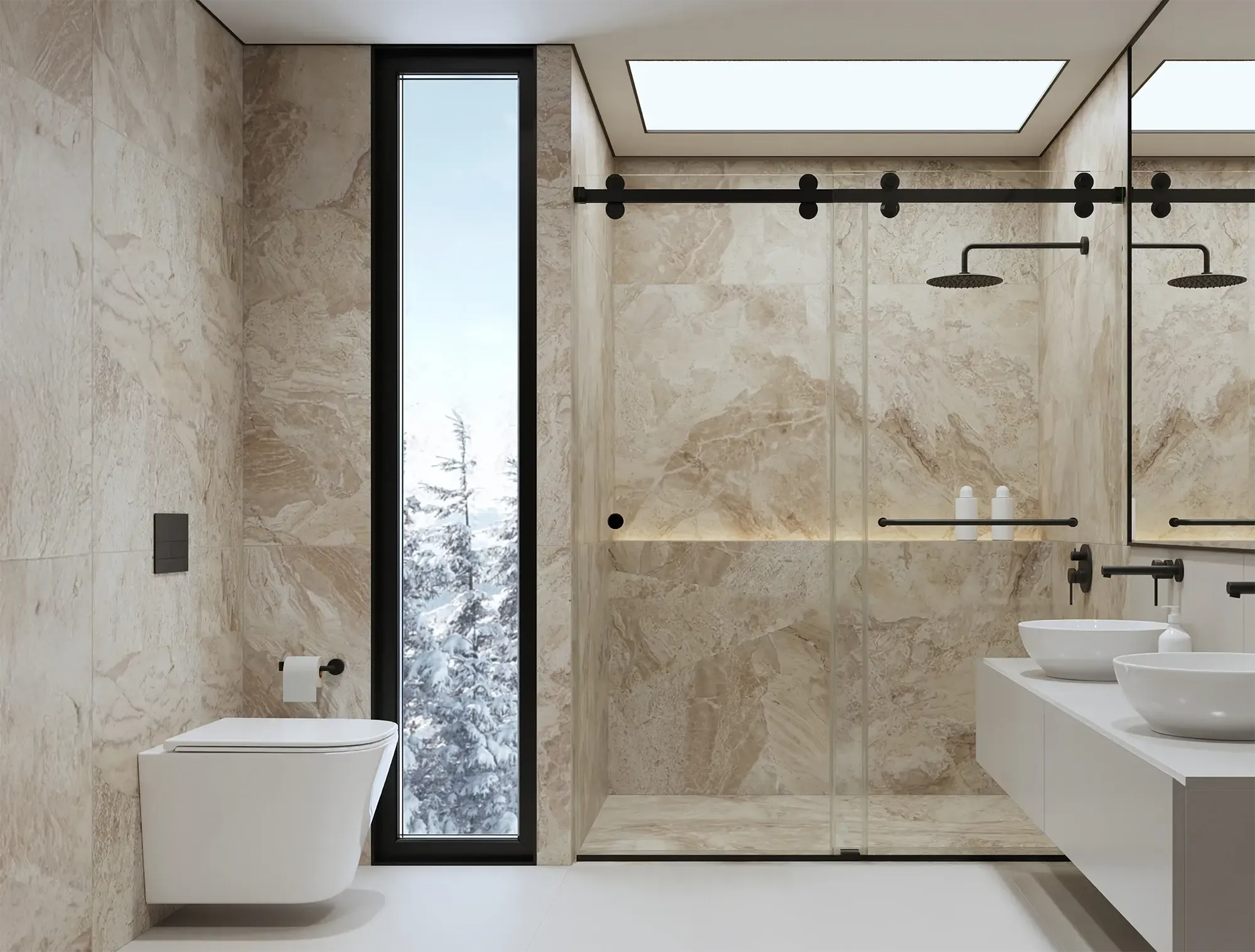 Contemporary bathroom with beige marble tiles, double vanity, and Eclipse series double sliding shower doors with black hardware.