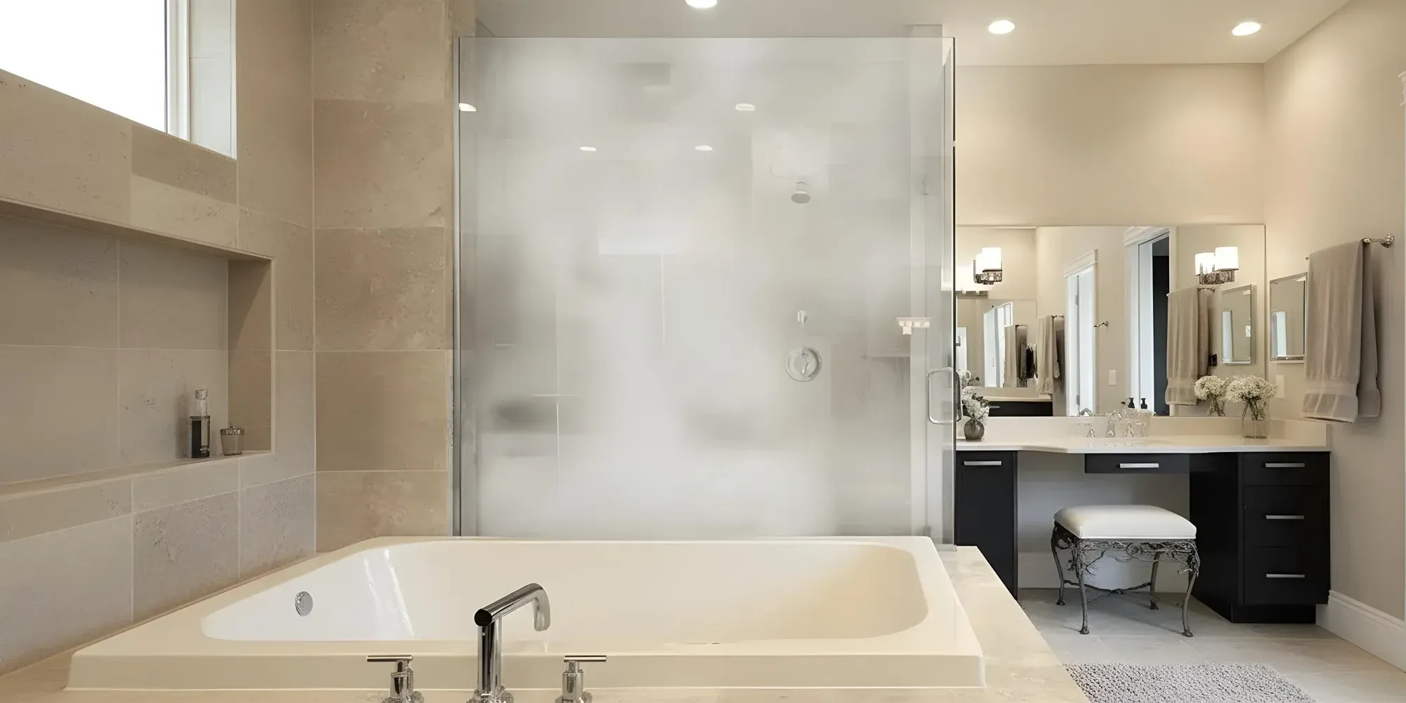 A luxury bathroom featuring a large, frameless steam shower with frosted glass, a soaking tub, and a dark vanity with a makeup counter.