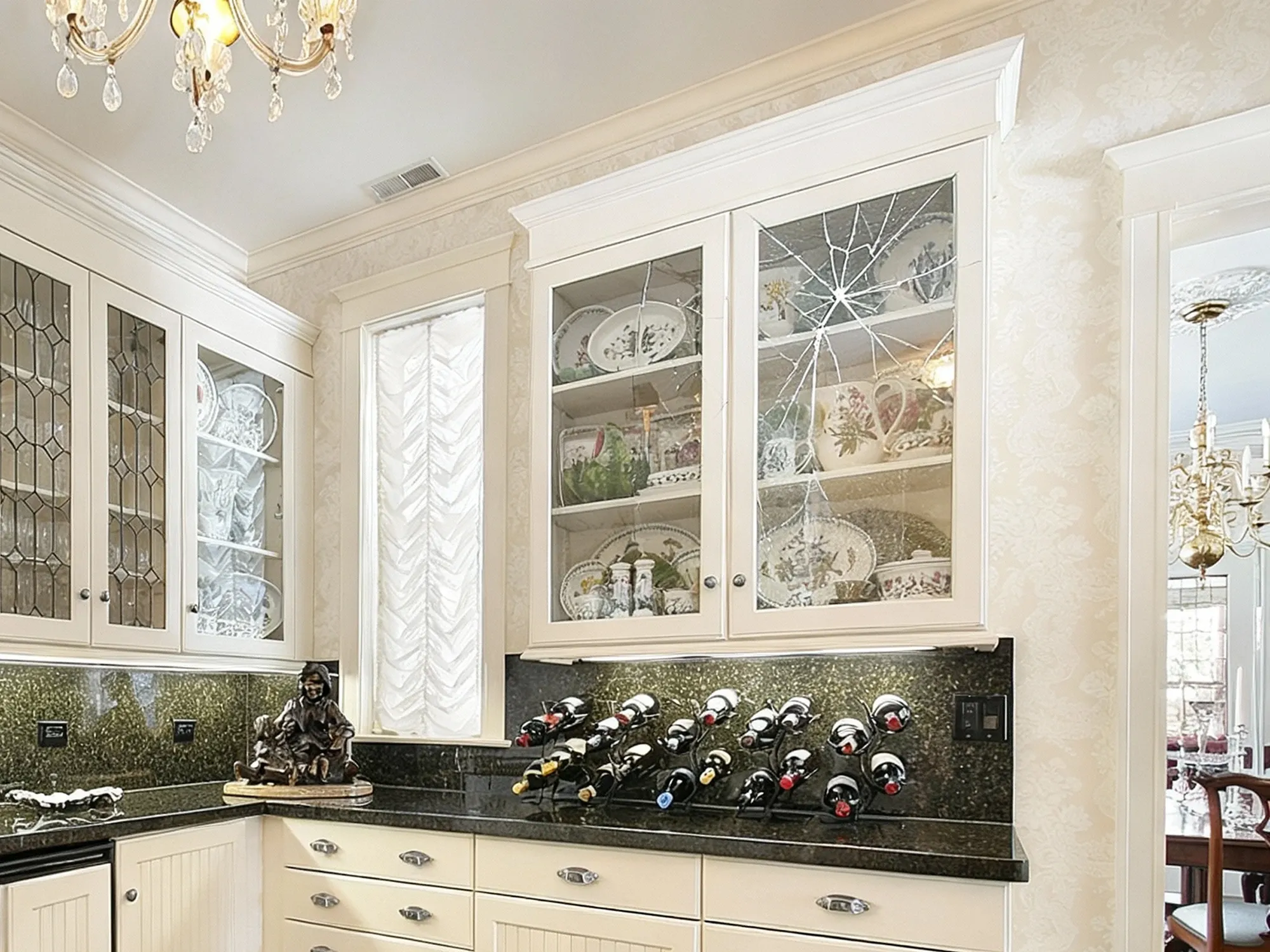 A broken glass kitchen cabinet