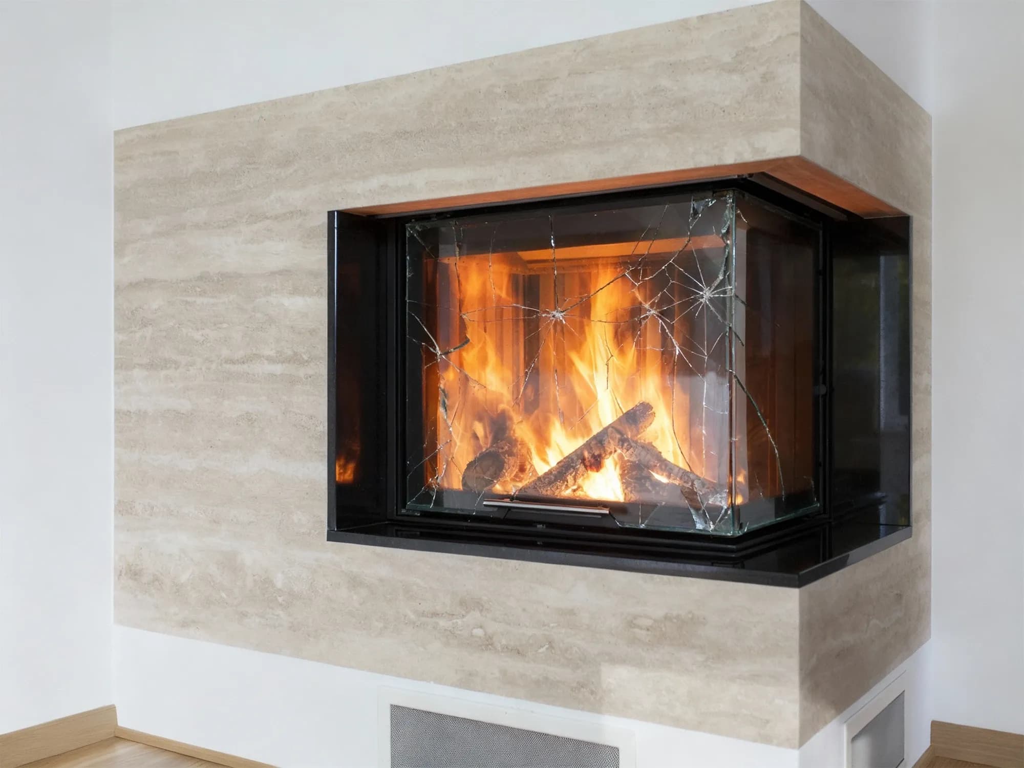 A broken glass fireplace