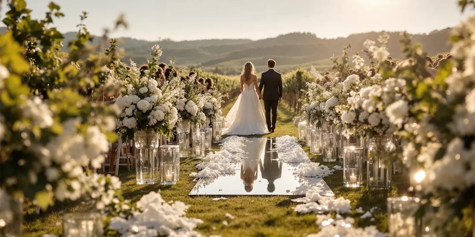 An outdoor vineyard wedding ceremony set up with a long, reflective mirrored aisle, wooden chairs, and abundant pink and yellow floral arrangements.
