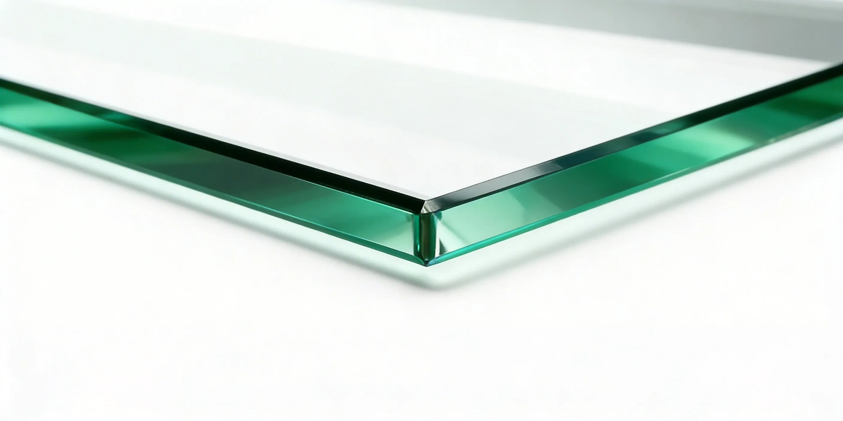 Close-up of stacked glass table tops showing flat polished edges and clear glass thickness.